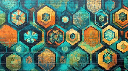 Overlapping hexagon and circle mural in bold colors with intricate designs on brick wall naturally lit