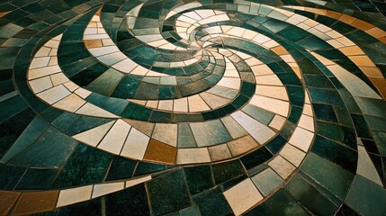 Fototapeta premium Patrón espiralado en mosaico de pequeñas baldosas geométricas en tonos verdes y cobrizos creando un degradado suave