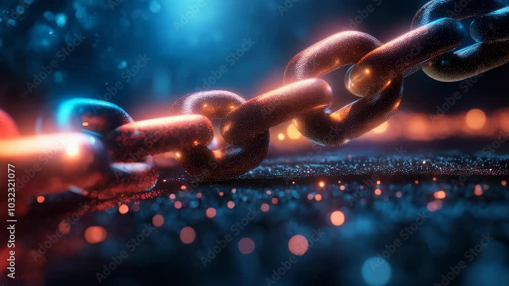 Poster colorful abstract metal chain close up textured links against blurred background with light and boke