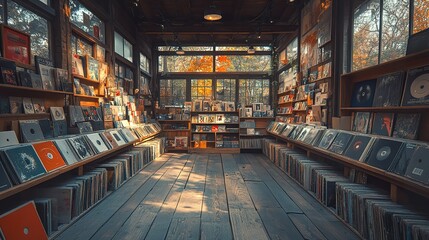 Vintage Record Shop Interior with Wooden Shelves and Soft Lighting