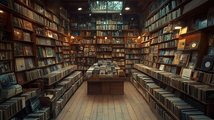 Fototapeta premium Vintage Record Shop Interior with Wooden Shelves and Soft Lighting