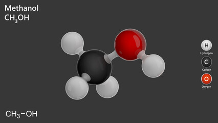 Methanol (CH4O) is the simplest alcohol, commonly known as wood alcohol. It is a colorless, volatile liquid used as an industrial solvent, antifreeze, and fuel. Gray background. 3d illustration