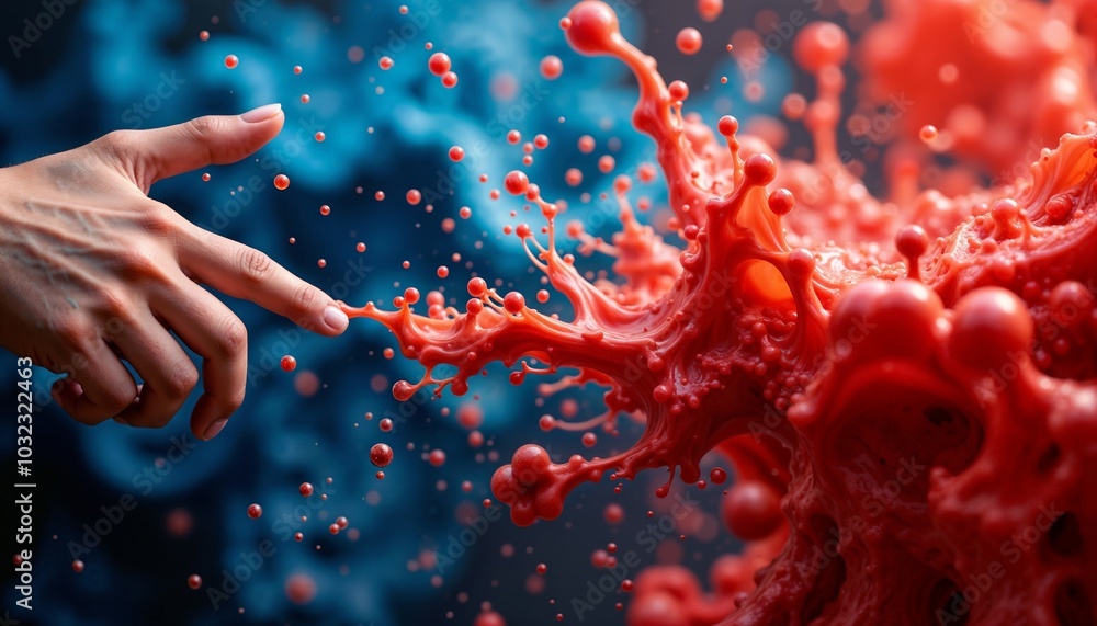 Poster in a striking display of creativity, a hand reaches towards explosive red splashes, intertwining wit