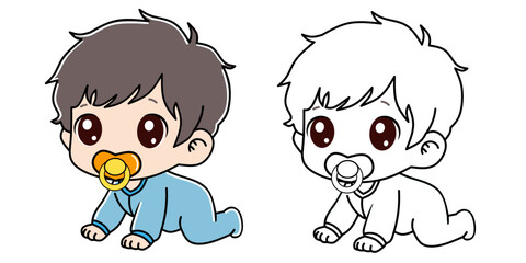 Coloring pages. Painting book for kid. Cute little baby boy crawling around. character baby cartoon. flat style design Vector Illustration.