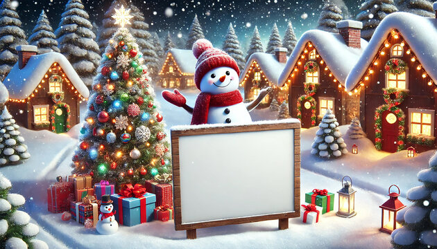 Snowman Holding a Blank White Sign in a Festive Snowy Village with Christmas Trees and Lights. AI-generated