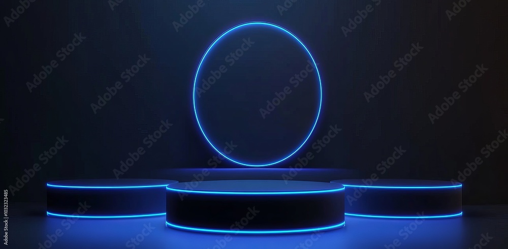 Poster stage layout with a neon pedestal for displaying digital technology. an illustration of a futuristic