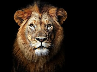 Fototapeta premium Portrait of a big male African lion on black , isolated on white background, , free space text, copy space, copy space for text,