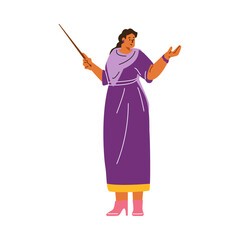 Vector picture an Indian teacher in a traditional sari with a headscarf holding a pointer