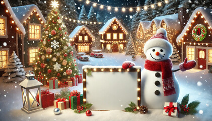 Snowman Holding a Blank White Sign in a Snowy Christmas Village with Festive Decorations and Lights. AI-generated