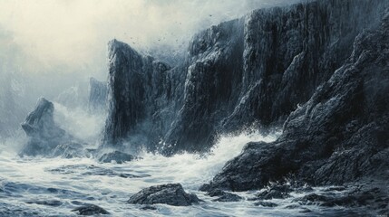 Obraz premium Jagged volcanic rocks on a coastal cliff, with detailed cracks and sea spray hitting the surface.