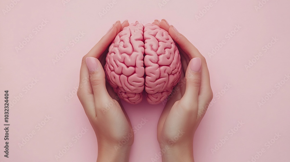 Poster delicate hands gently holding realistic brain isolated against a soft pink background designed for a