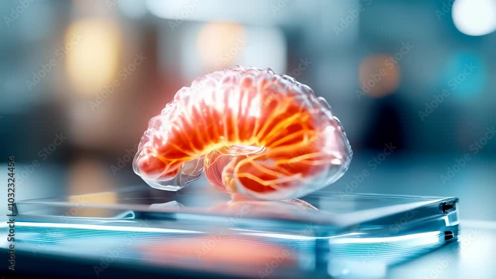 Poster vibrant, glowing representation of brain on sleek glass surface symbolizes innovation in neuroscienc