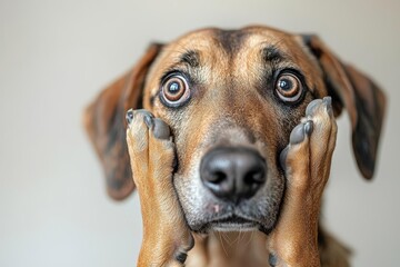 Portrait of embarrassed dog hiding face with paw and looking at camera, copy space , isolated on white background,  , free space text, copy space, copy space for text,