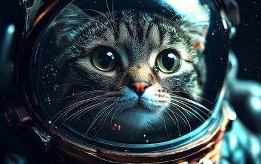 Science fiction space wallpaper with cat astronaut, incredibly beautiful planets, galaxies, dark and cold beauty of endless universe