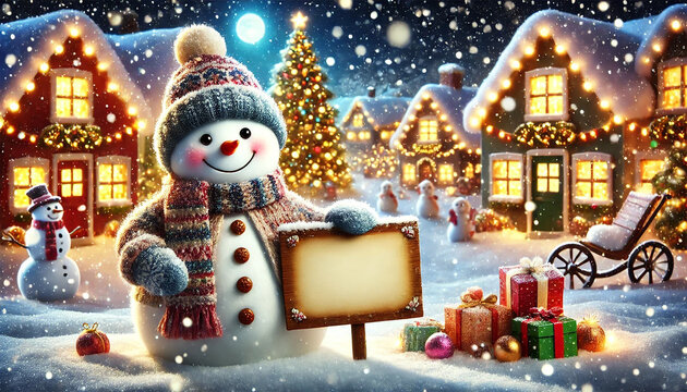 Smiling Snowman Holding a Blank Sign in a Snow-Covered Christmas Village with Twinkling Lights and Decorations. AI-generated - Powered by Adobe