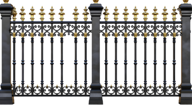 A decorative black wrought iron fence with golden accents, showcasing intricate designs and sturdy vertical bars.