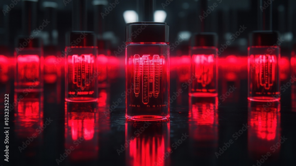Poster futuristic laboratory vials illuminated in red light showcasing advanced scientific concepts and tec