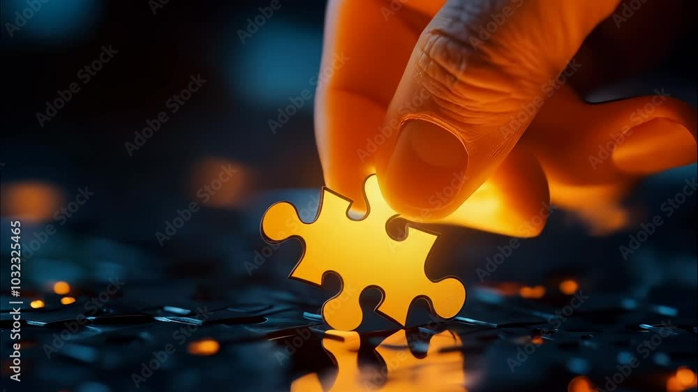 Poster hand placing glowing orange puzzle piece into dark background journey of problem solving and creativ