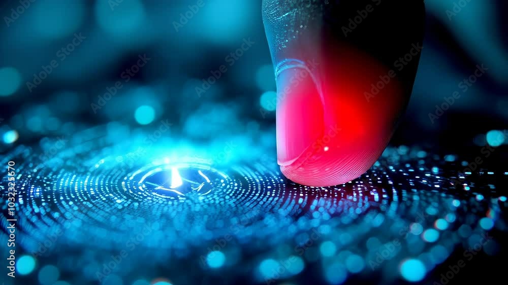 Poster exploring digital innovation interaction of finger touch on glowing blue and red technology interfac