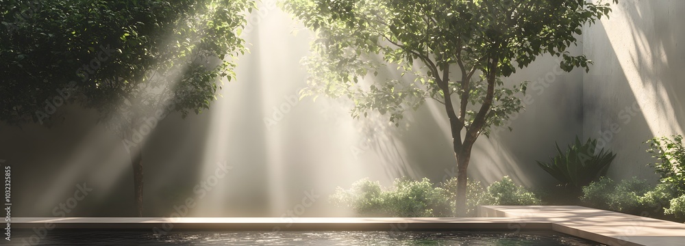 Poster 91. a minimalist garden setting with soft sunlight filtering through trees, ready for a product