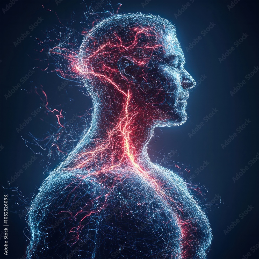 Poster exploring the intricate connection between human anatomy and modern technology in a striking digital