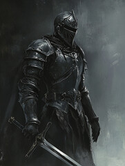 Naklejka premium Man in heavy black plate armor holding a weapon in hand. 