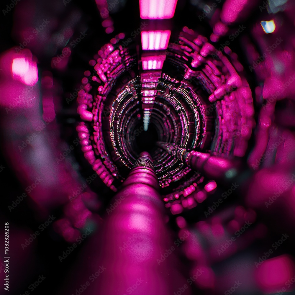 Poster exploring the depths of a futuristic tunnel a journey through vivid light and technology enhancement