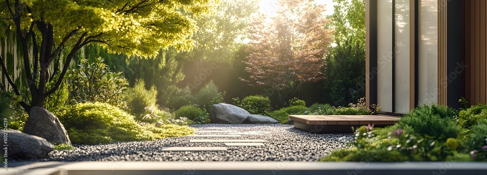 Poster 91. a minimalist garden setting with soft sunlight filtering through trees, ready for a product
