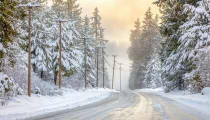 Obraz premium A serene winter road lined with snow-covered trees, creating a tranquil atmosphere in a foggy landscape.