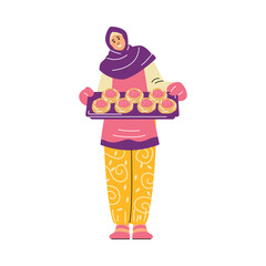 Vector illustration of a woman in a hijab holding a baking tray with open pies.