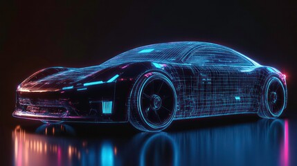 A futuristic sports car rendered as a digital wireframe, glowing with pink and blue lights, against a dark background, reflecting on a shiny surface.