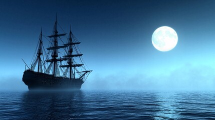 Fototapeta premium Gothic Masquerade Halloween Party on Yacht - Eerie Fog and Glowing Decorations Create Enchanting Atmosphere Under Moonlight