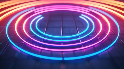 A vibrant geometric pattern of neon circles in pink and blue hues against a dark textured background, radiating energy and modernity.