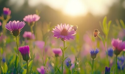 Fototapeta premium Wildflower meadow buzzing with bees, surrounded by lush vegetation and natural habitats, emphasizing the importance of creating bee-friendly, Generative AI