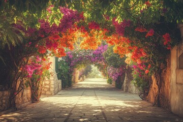 Fototapeta premium A serene pathway adorned with vibrant bougainvillea flowers, creating a picturesque and inviting atmosphere.