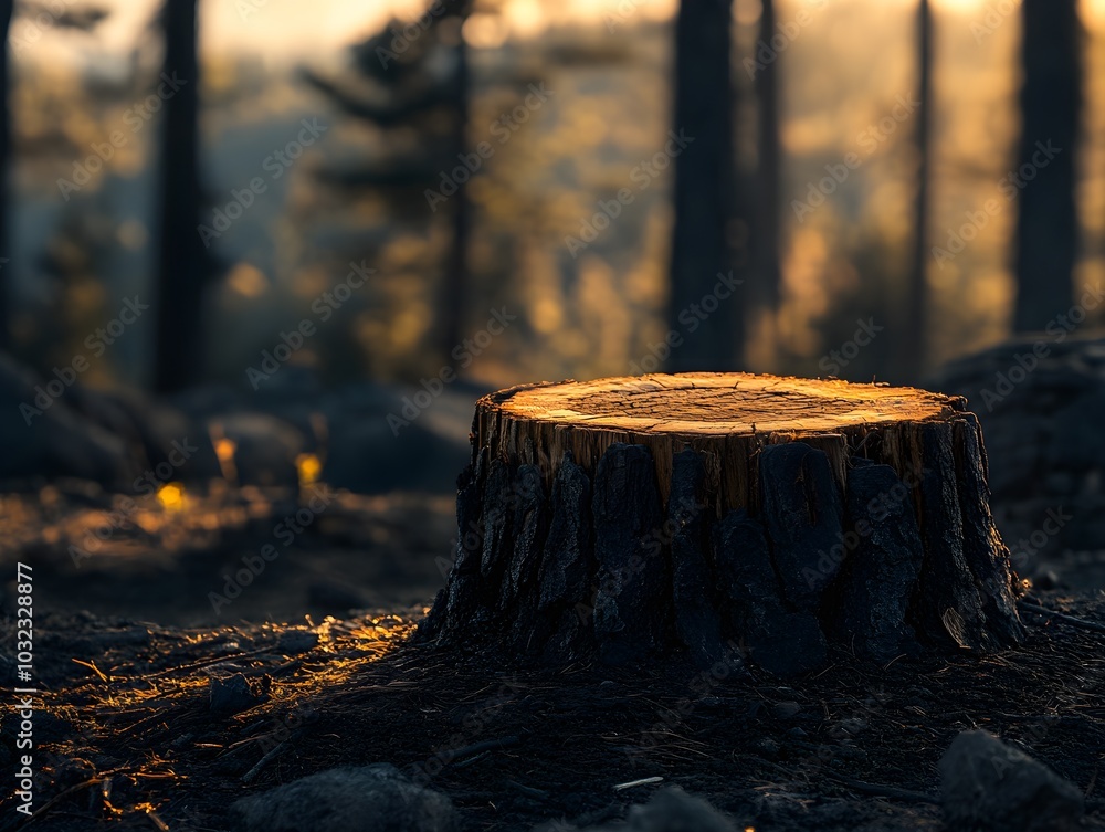 Aufkleber tree stump in serene forest setting at dusk