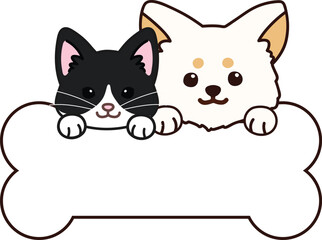 Simple and adorable illustration of Chihuahua and tuxedo cat holding a bone