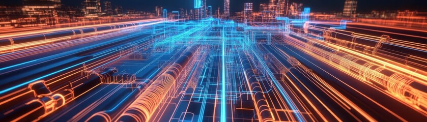 Advanced underground utilities map, glowing 3D render, city above, pipes and cables below, futuristic wireframe