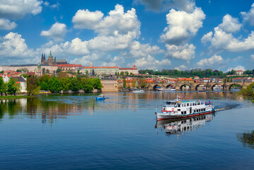 Naklejka premium View of Charles Bridge, Prague Castle and Vltava river in Prague, Czech Republic. Architecture and landmark of Prague.