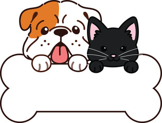 Simple and adorable illustration of Bulldog and black cat holding a bone