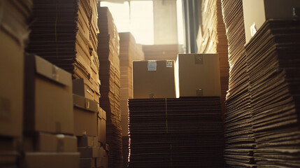 Stacks of cardboard boxes in a warehouse orderly and neat