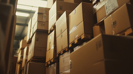 Stacks of cardboard boxes in a warehouse, orderly and