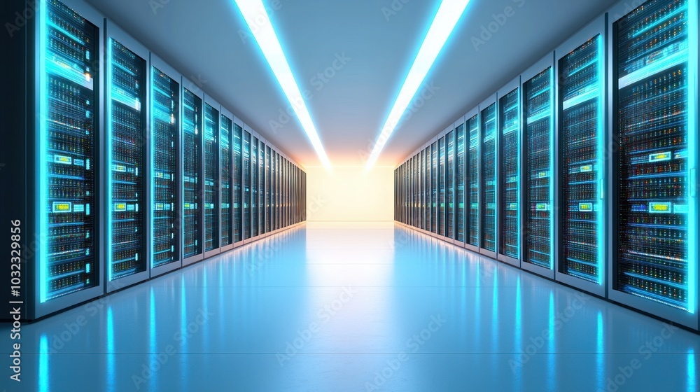 Poster futuristic data center with rows of high-tech servers illuminated by bright blue lights creating a m