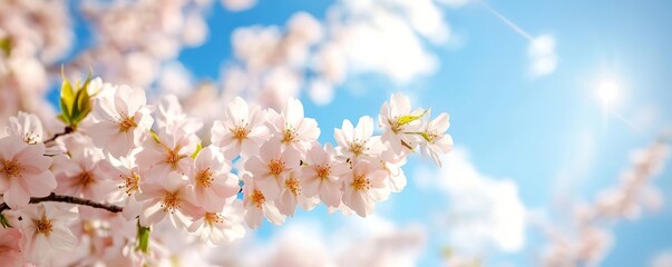 Obraz premium Blossoming cherry flowers under a bright sky