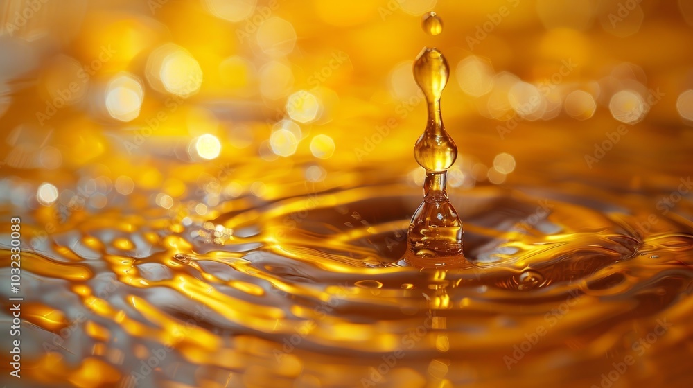 Poster a single drop of liquid falls into a pool of liquid, creating a ripple effect. the liquid is a golde