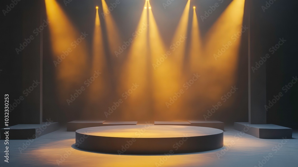 Poster a circular podium with three spotlights shining on it. there is a fog or haze effect in the air and 