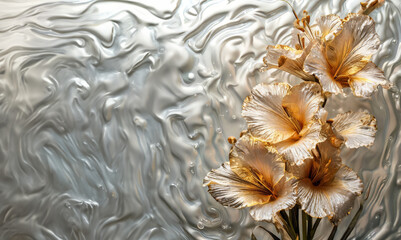 White and orange crystal glass gladiolus on a liquid background.