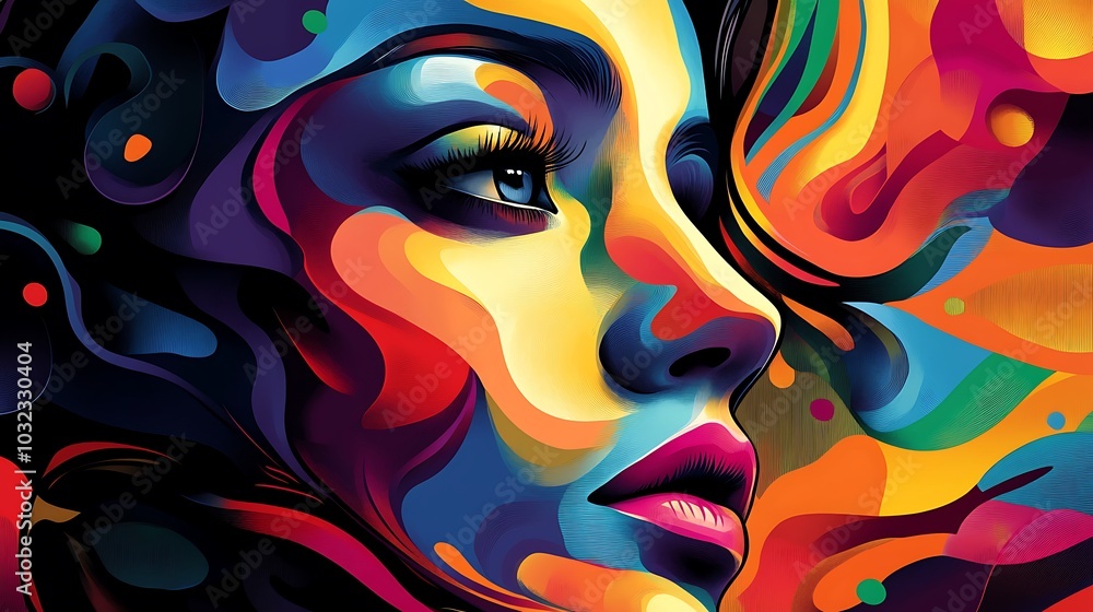 Poster abstract portrait of a woman with colorful shapes and lines.