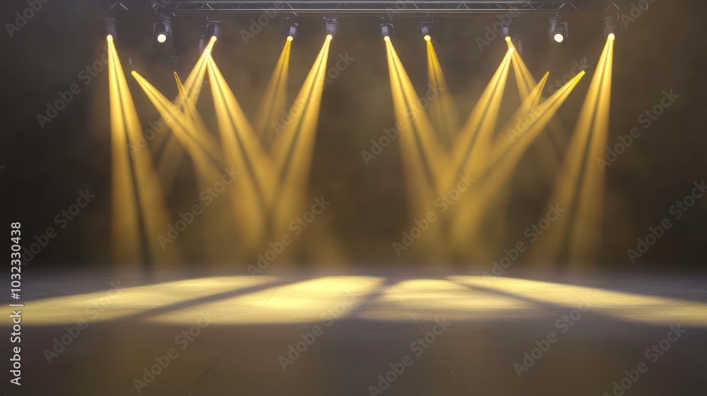 Poster empty stage illuminated by spotlights with fog creating a mysterious atmosphere.