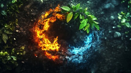 Stunning circular design of earth, wind, fire, and water against a dramatic dark background